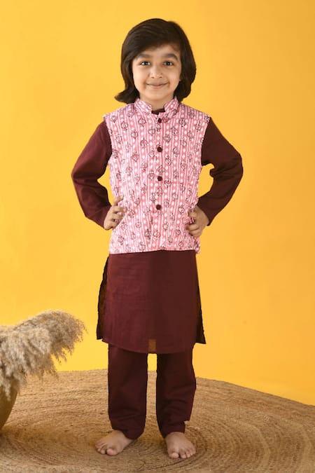 Kalp Floral Hand Block Print Bundi Kurta Set 