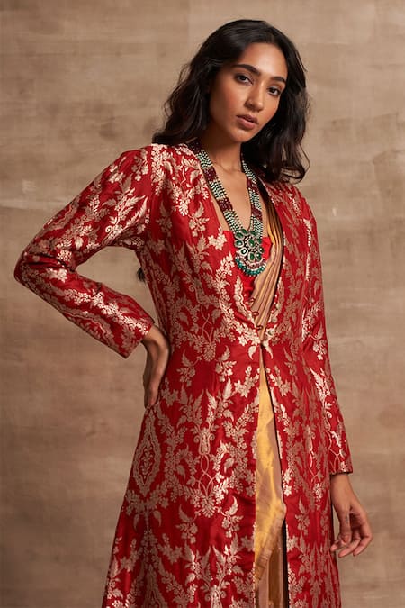 Buy Red Base Fabric Satin Embroidery V Neck Banarasi Handloom Jacket For Women by Kasturi Kundal Online at Aza Fashions