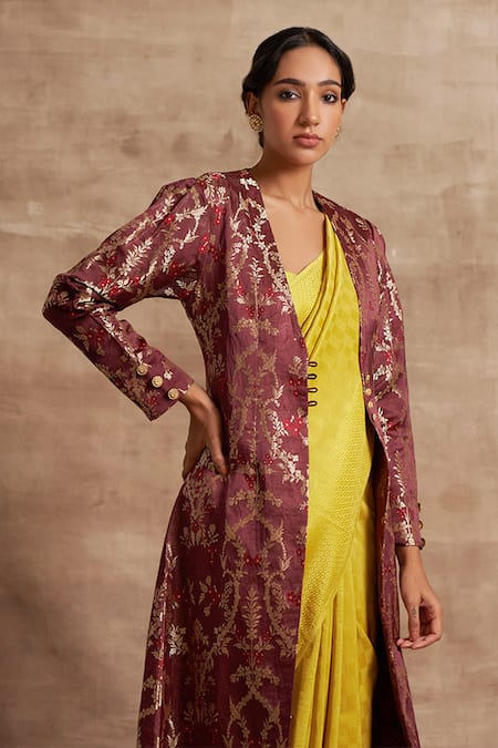 Kasturi Kundal_Maroon Base Fabric Satin Open Banarasi Handloom Jacket_Online_at_Aza_Fashions