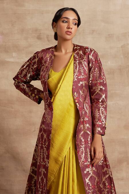 Buy_Kasturi Kundal_Maroon Base Fabric Satin Open Banarasi Handloom Jacket_Online_at_Aza_Fashions