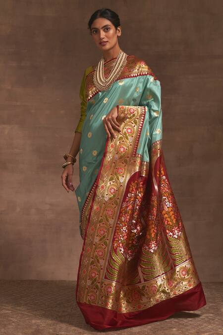 Kasturi Kundal_Blue Roop Bazar Kadiyal Border Zari Saree _Online_at_Aza_Fashions