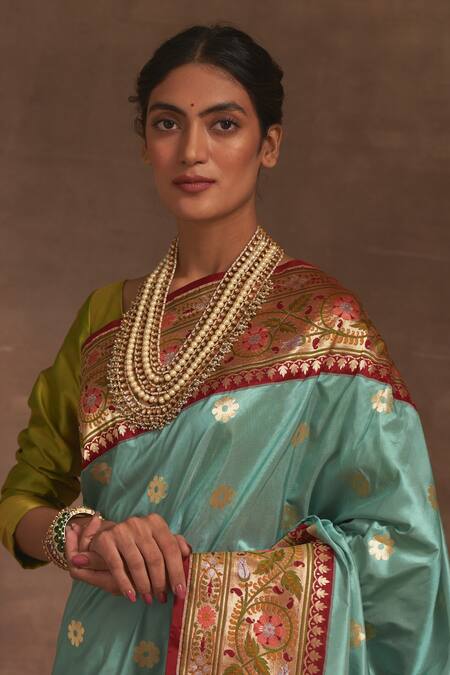 Buy_Kasturi Kundal_Blue Roop Bazar Kadiyal Border Zari Saree _Online_at_Aza_Fashions