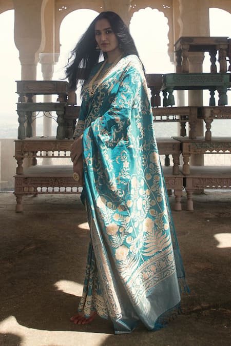 Kasturi Kundal Blue Base Fabric Pure Silk Banarasi Handloom Saree 