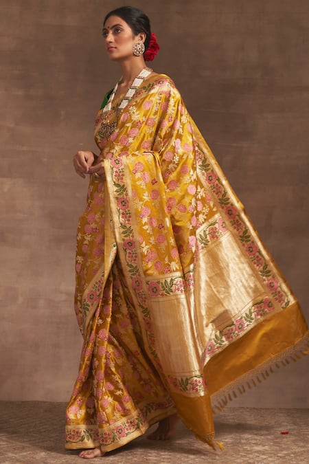 Buy_Kasturi Kundal_Yellow Akash Kusum Pitambari Saree _Online_at_Aza_Fashions