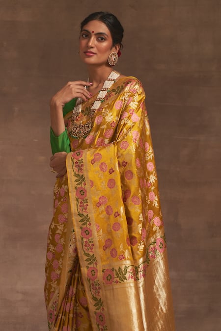 Shop_Kasturi Kundal_Yellow Akash Kusum Pitambari Saree _Online_at_Aza_Fashions