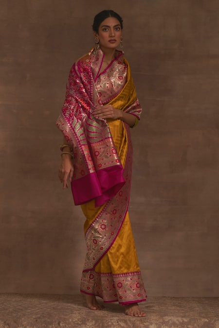 Buy_Kasturi Kundal_Yellow Rang Bazar Kadiyal Zari Saree _Online_at_Aza_Fashions