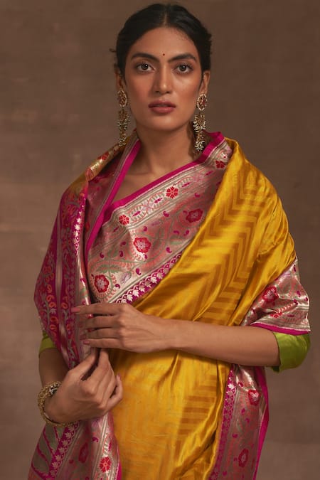 Shop_Kasturi Kundal_Yellow Rang Bazar Kadiyal Zari Saree _Online_at_Aza_Fashions