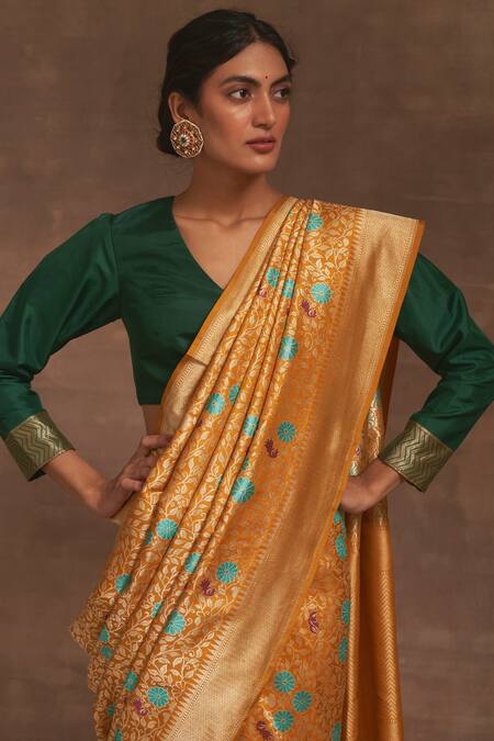 Shop_Kasturi Kundal_Yellow Phool Butta Floral Jangla Saree _Online_at_Aza_Fashions