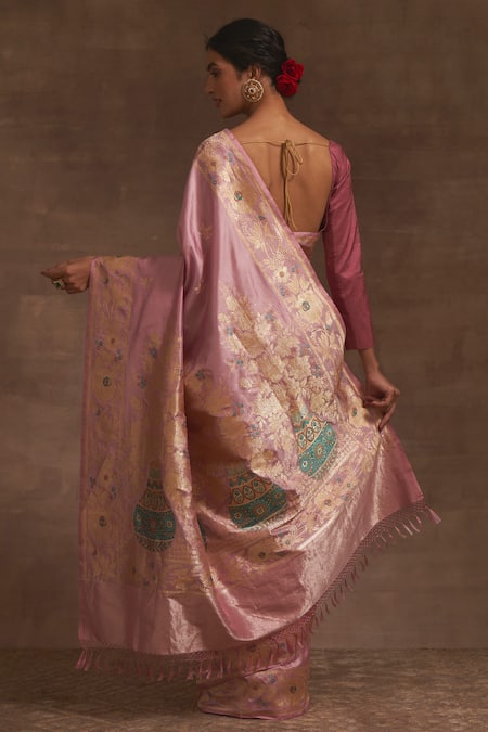 Shop_Kasturi Kundal_Pink Kumud Kilol Zari Buttedar Saree _at_Aza_Fashions
