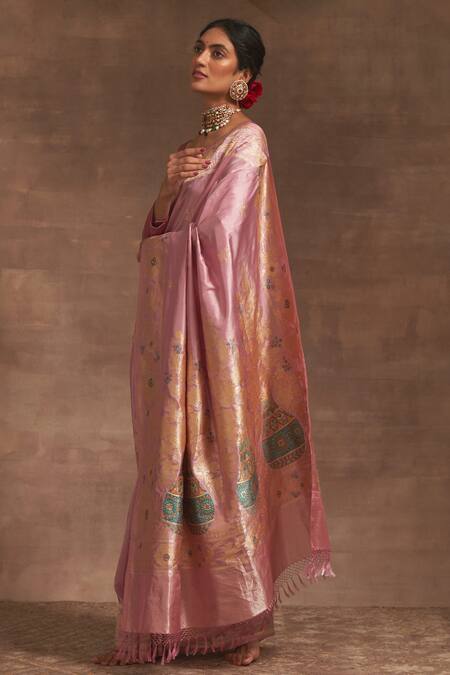 Kasturi Kundal_Pink Kumud Kilol Zari Buttedar Saree _Online_at_Aza_Fashions