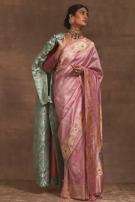 Buy_Kasturi Kundal_Pink Kumud Kilol Zari Buttedar Saree _Online_at_Aza_Fashions