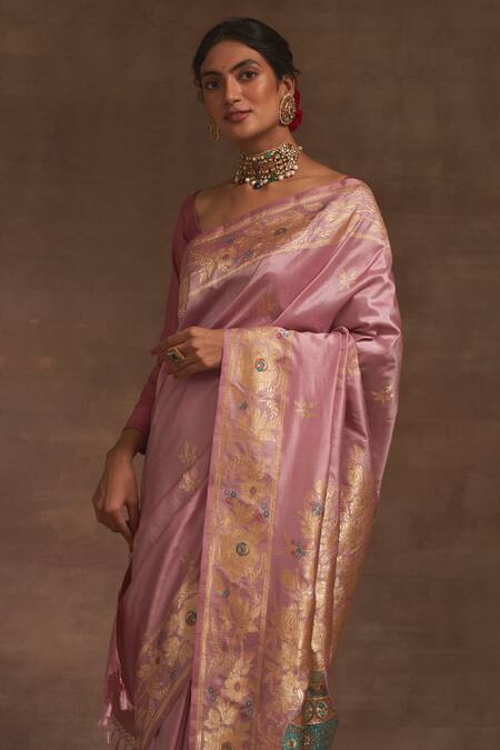 Shop_Kasturi Kundal_Pink Kumud Kilol Zari Buttedar Saree _Online_at_Aza_Fashions