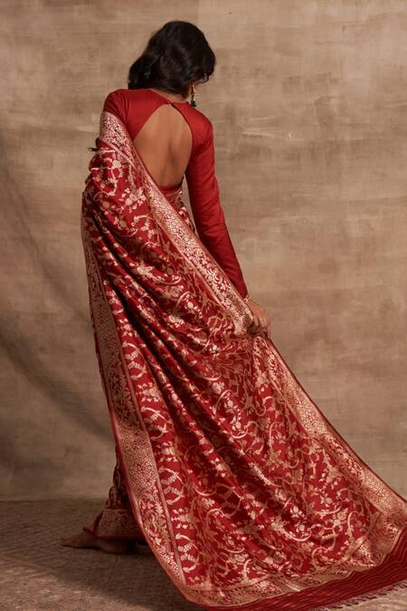 Shop_Kasturi Kundal_Red Base Fabric Pure Silk Banarasi Handloom Saree_at_Aza_Fashions