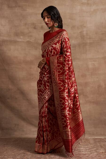 Kasturi Kundal_Red Base Fabric Pure Silk Banarasi Handloom Saree_Online_at_Aza_Fashions
