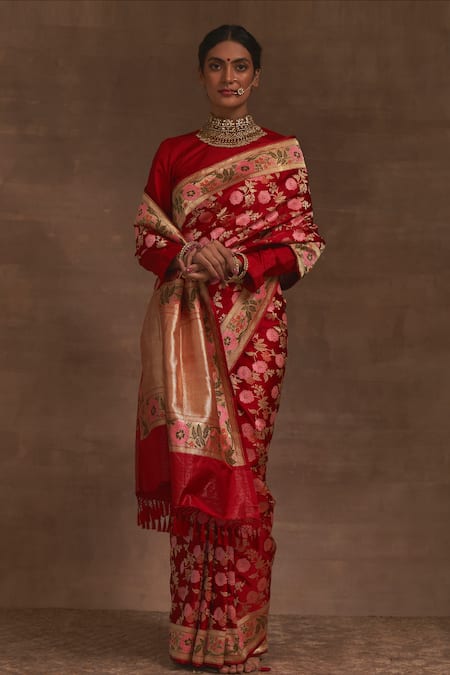 Kasturi Kundal Red Akash Kusum Floral Zari Jangla Saree 