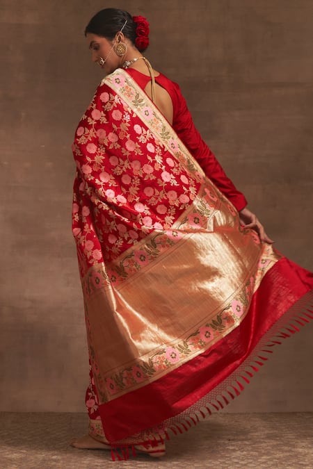 Shop Kasturi Kundal Red Akash Kusum Floral Zari Jangla Saree at Aza Fashions Shop_Kasturi Kundal_Red Akash Kusum Floral Zari Jangla Saree _at_Aza_Fashions