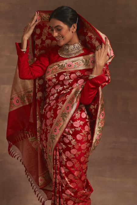Shop Kasturi Kundal Red Akash Kusum Floral Zari Jangla Saree Online at Aza Fashions Shop_Kasturi Kundal_Red Akash Kusum Floral Zari Jangla Saree _Online_at_Aza_Fashions