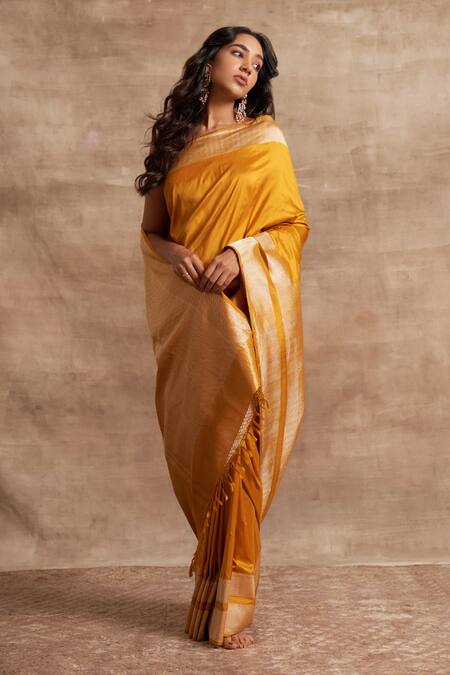 Kasturi Kundal_Yellow Base Fabric Pure Silk Banarasi Handloom Saree _Online_at_Aza_Fashions