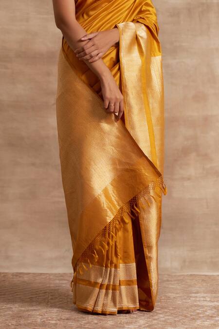Buy_Kasturi Kundal_Yellow Base Fabric Pure Silk Banarasi Handloom Saree _Online_at_Aza_Fashions