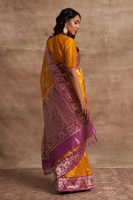 Shop_Kasturi Kundal_Yellow Base Fabric Pure Silk Banarasi Handloom Saree _at_Aza_Fashions