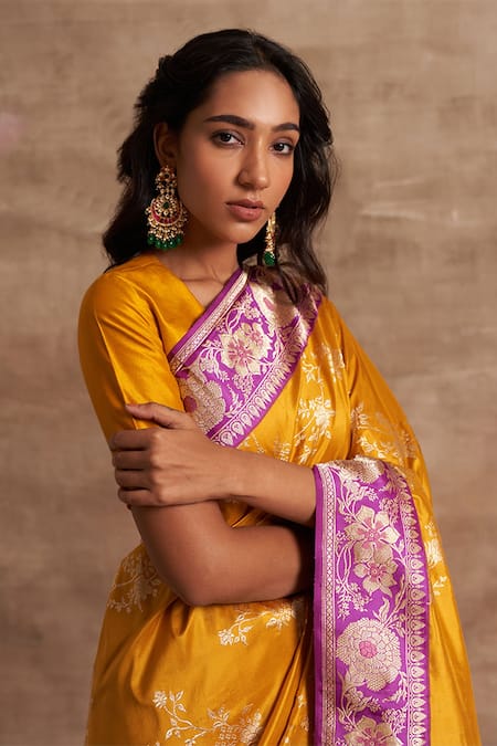 Kasturi Kundal_Yellow Base Fabric Pure Silk Banarasi Handloom Saree _Online_at_Aza_Fashions