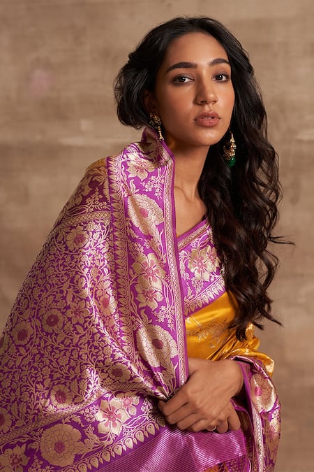 Buy_Kasturi Kundal_Yellow Base Fabric Pure Silk Banarasi Handloom Saree _Online_at_Aza_Fashions
