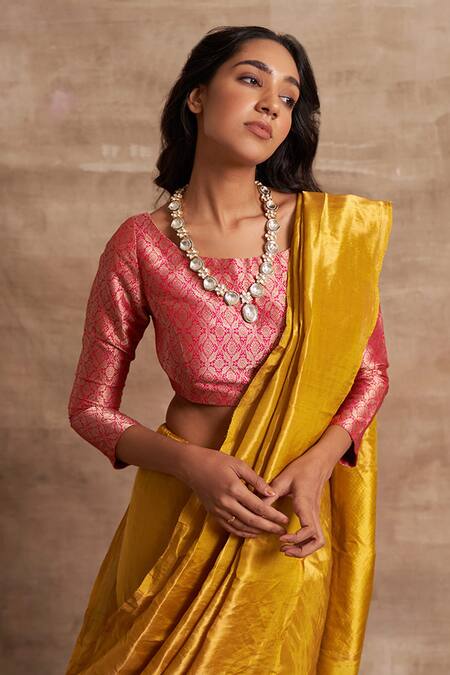 Buy Handloom Cotton Silk Saree Yellow Online - Biswabangla.in