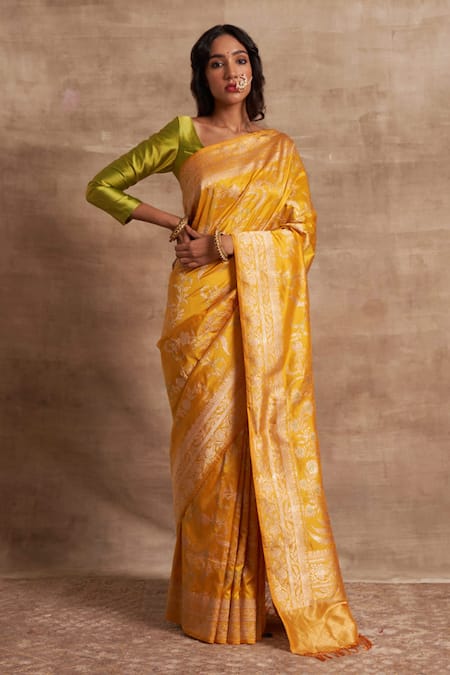 Kasturi Kundal Yellow Base Fabric Pure Silk Banarasi Handloom Saree 
