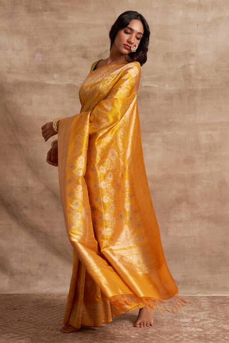 Kasturi Kundal_Yellow Pure Silk Hand-woven Banarasi Handloom Saree With Unstitched Blouse Piece _Online_at_Aza_Fashions