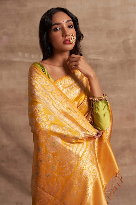 Shop_Kasturi Kundal_Yellow Pure Silk Hand-woven Banarasi Handloom Saree With Unstitched Blouse Piece _Online_at_Aza_Fashions