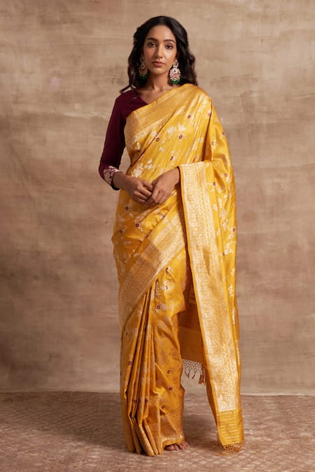 Kasturi Kundal Yellow Base Fabric Pure Silk Banarasi Handloom Saree 