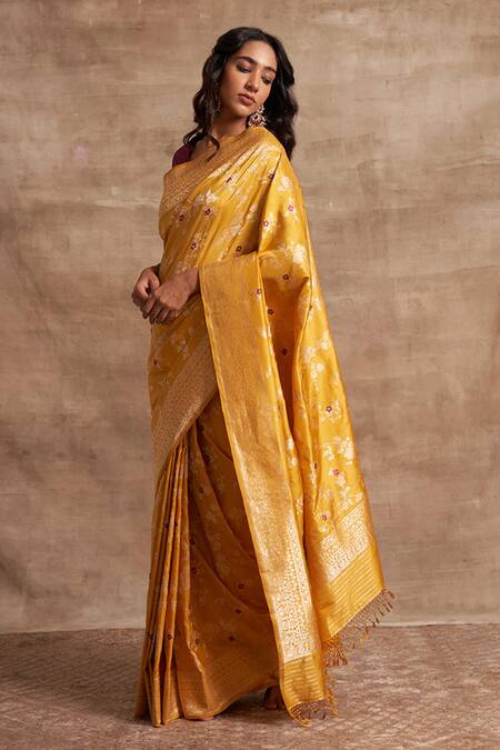 Kasturi Kundal Yellow Base Fabric Pure Silk Banarasi Handloom Saree Online at Aza Fashions Kasturi Kundal_Yellow Base Fabric Pure Silk Banarasi Handloom Saree _Online_at_Aza_Fashions