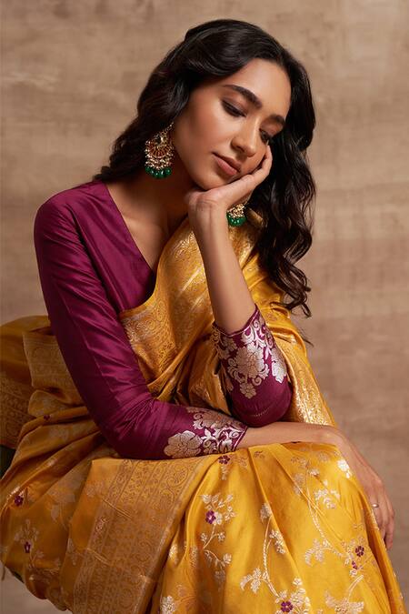 Shop Kasturi Kundal Yellow Base Fabric Pure Silk Banarasi Handloom Saree Online at Aza Fashions Shop_Kasturi Kundal_Yellow Base Fabric Pure Silk Banarasi Handloom Saree _Online_at_Aza_Fashions