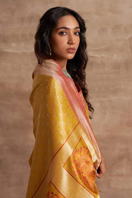 Kasturi Kundal_Yellow Base Fabric Pure Silk Banarasi Handloom Saree _Online_at_Aza_Fashions