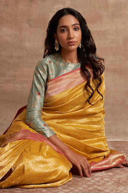 Buy_Kasturi Kundal_Yellow Base Fabric Pure Silk Banarasi Handloom Saree _Online_at_Aza_Fashions