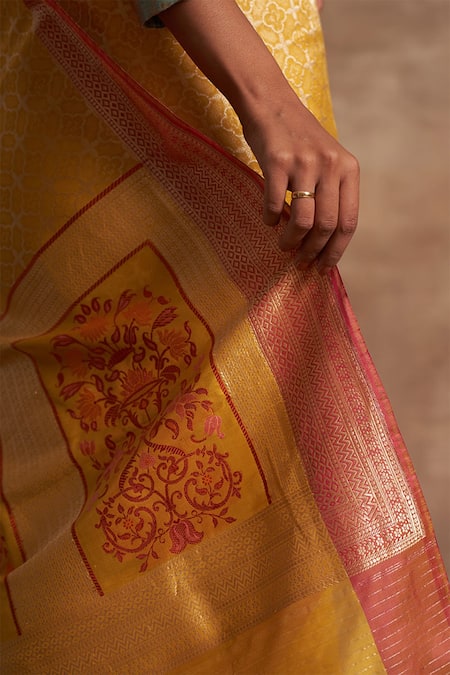 Shop_Kasturi Kundal_Yellow Base Fabric Pure Silk Banarasi Handloom Saree _Online_at_Aza_Fashions