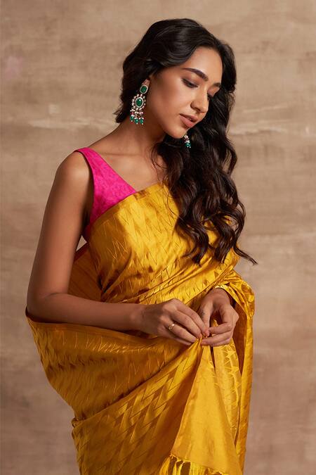 Kasturi Kundal_Yellow Base Fabric Pure Silk Banarasi Handloom Saree _Online_at_Aza_Fashions