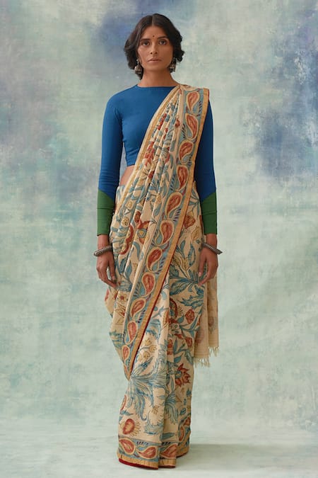 Kasturi Kundal Beige Pure Banarasi Silk Kalamkari Floral Pragalbha Saree 