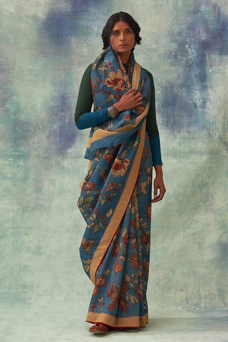 Kasturi Kundal_Blue Pure Banarasi Silk Floral Tilak Kalamkari Kanjivaram Saree_Online_at_Aza_Fashions