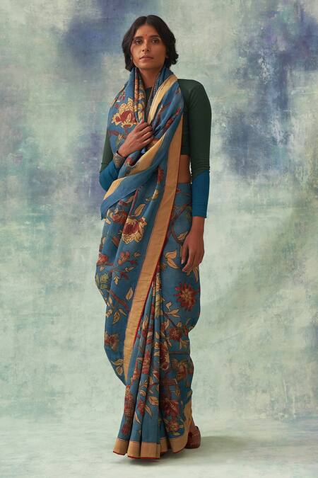 Buy_Kasturi Kundal_Blue Pure Banarasi Silk Floral Tilak Kalamkari Kanjivaram Saree_Online_at_Aza_Fashions
