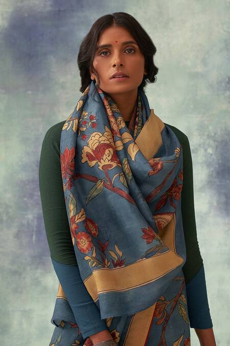 Shop_Kasturi Kundal_Blue Pure Banarasi Silk Floral Tilak Kalamkari Kanjivaram Saree_Online_at_Aza_Fashions