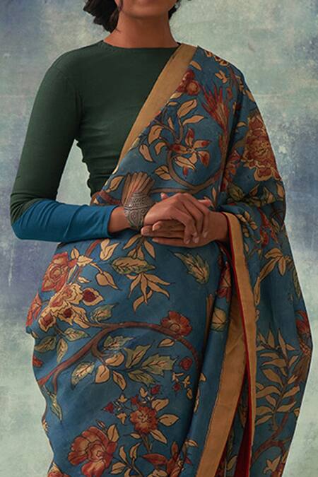 Kasturi Kundal_Blue Pure Banarasi Silk Floral Tilak Kalamkari Kanjivaram Saree_at_Aza_Fashions