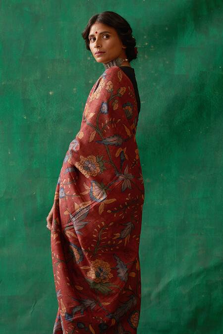 Buy_Kasturi Kundal_Maroon Pure Banarasi Tussar Silk Floral Apsara Kalamkari Saree_Online_at_Aza_Fashions