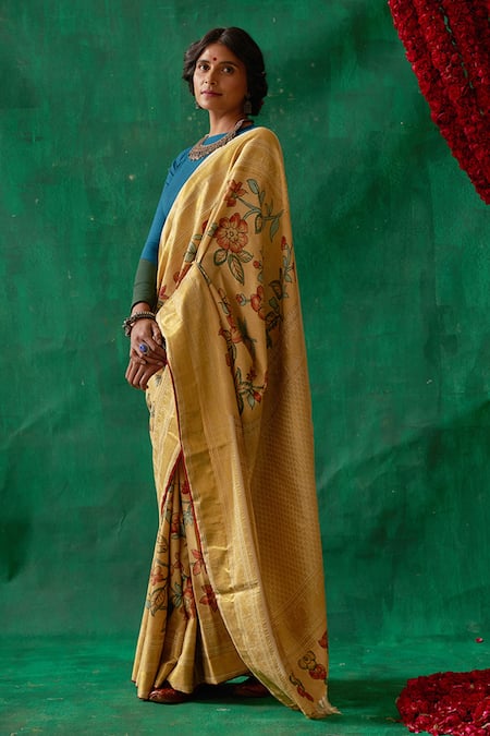 Suhasini , Golden Yellow and Pink Shade Pure Kanjivaram Silk Saree for –  www.soosi.co.in