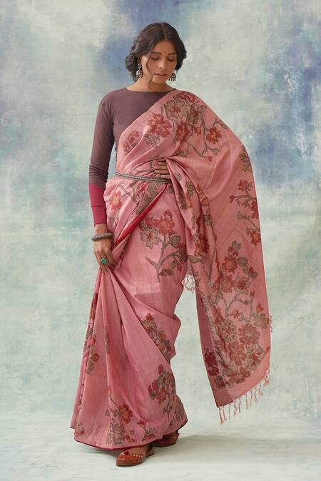 Copper Blue Soft Tussar Silk Floral Kalamkari Saree – SHE IN SAREES