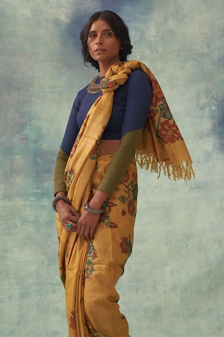 Pure Tussar Silk Saree with Handpainted Kalamkari Print and Weaving