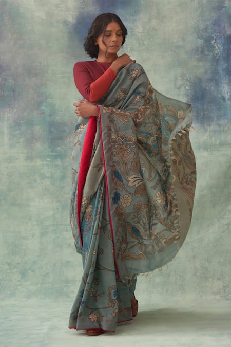 Kasturi Kundal Blue Pure Banarasi Silk Kalamkari Floral Kaumudi Kanjivaram Saree  