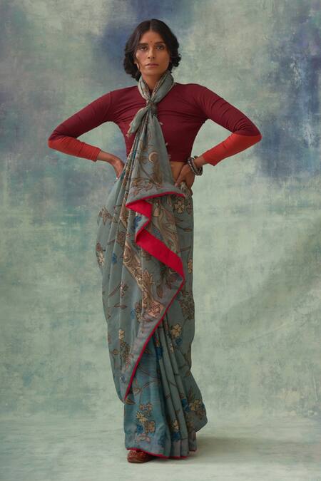 Kasturi Kundal_Blue Pure Banarasi Silk Floral Kaumudi Kalamkari Kanjivaram Saree_Online_at_Aza_Fashions