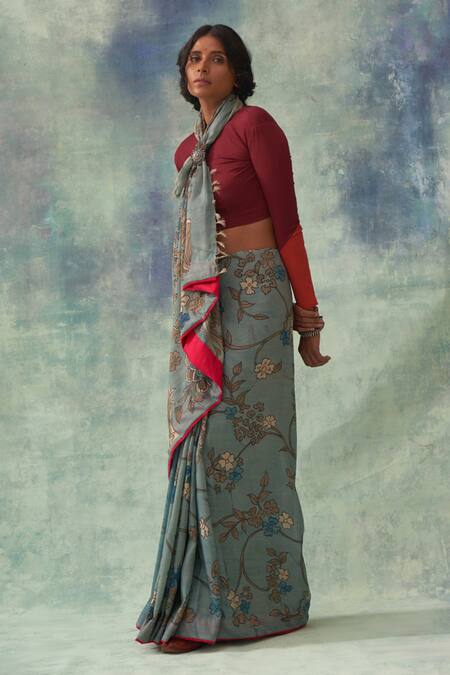 Buy_Kasturi Kundal_Blue Pure Banarasi Silk Floral Kaumudi Kalamkari Kanjivaram Saree_Online_at_Aza_Fashions