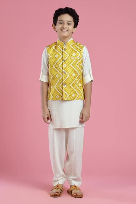 Kora By Nilesh Mitesh_Yellow Silk, Rayon Shibori Print Bundi And Kurta Set _Online_at_Aza_Fashions